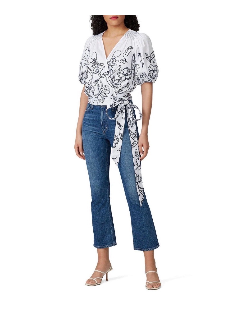 Tanya Taylor Leiria White Floral Embroidered Puff Sleeve Tie Wrap Top Size 16